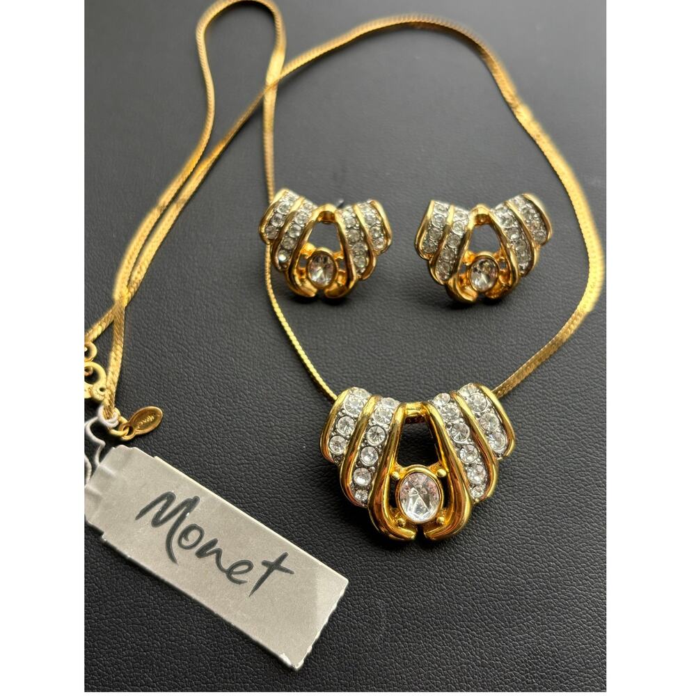 Vintage Rhinestone Crystal MONET Necklace Earring Set NEW 1980's